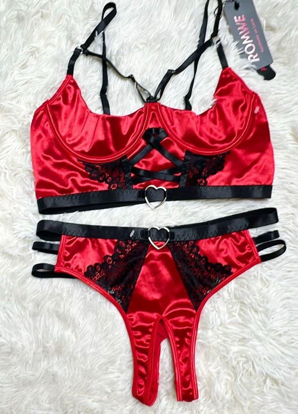 Romwe Gothic Crisscross Satin Lace & Mesh Contrast Halter Lingerie Set Large